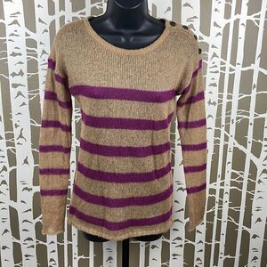 Ann Taylor LOFT Camel Tan & Purple Striped Loose Knit Mohair Blend Sweater sz XS